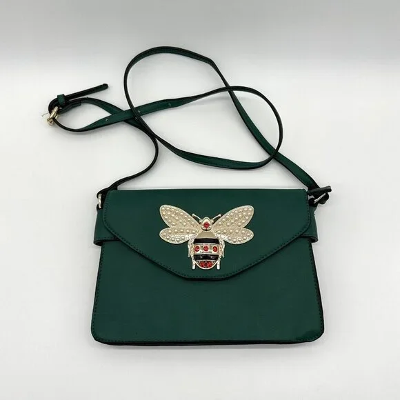 Bumble Bee Purse Shoulder Bag Green Queen Embellished Faux Pearl Rhinestone - Picture 2 of 12